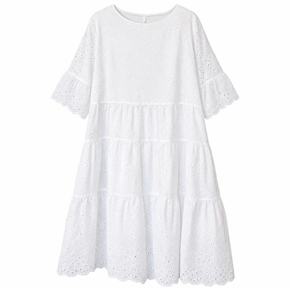 Women's Cottagecore Eyelet Ruffle Pullover White Bohemian Dress With Liner 3XL